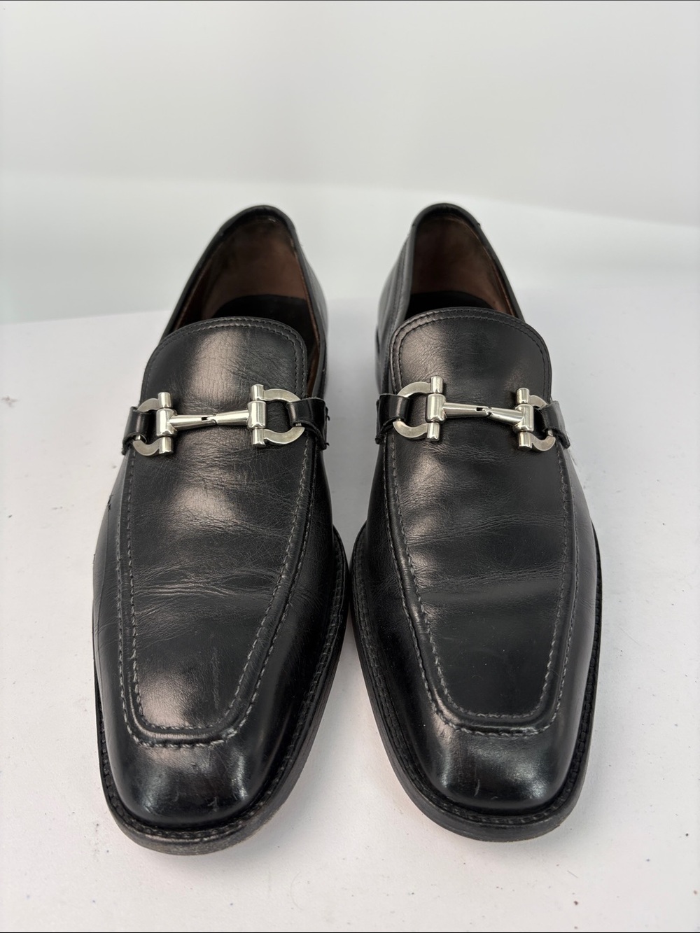 🧠 Salvatore Ferragamo Black Leather Bit Loafers with Silver Hardware
